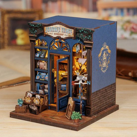 Maqueta de librería con luz sobre mesa
