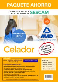 paquete ahorro celador del servicio de salud de castilla-la manch a (sescam) (incluye temario volumenes 1 y 2; test; simulacros de examen y acceso campus oro)-9788414204474